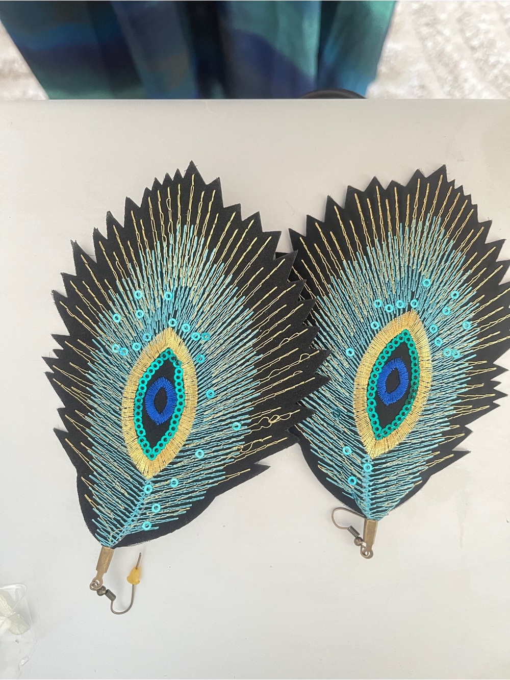 Vintage Peacock Feather Statement Earrings in Teal, Gold, Blue on Black - Picture 3 of 4